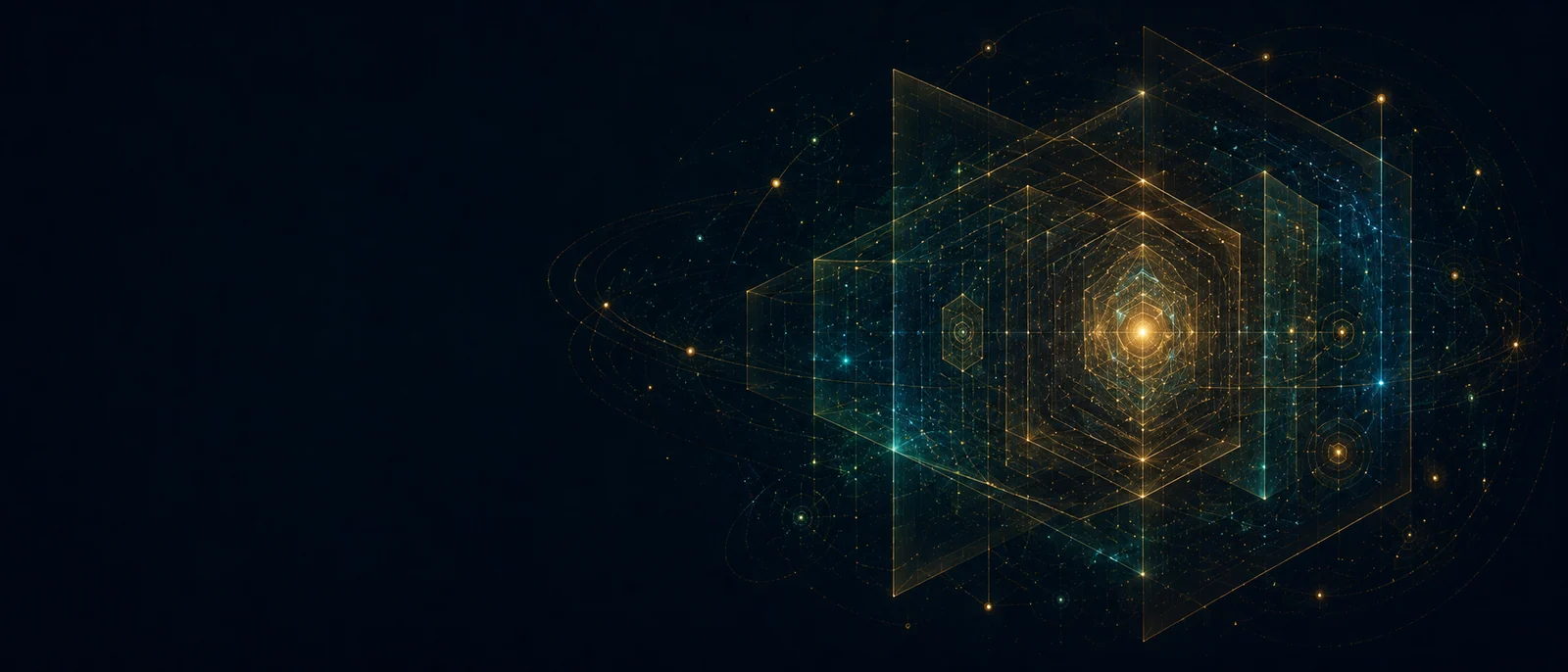 Abstract technical hero artwork for Universal Theory of Metas.