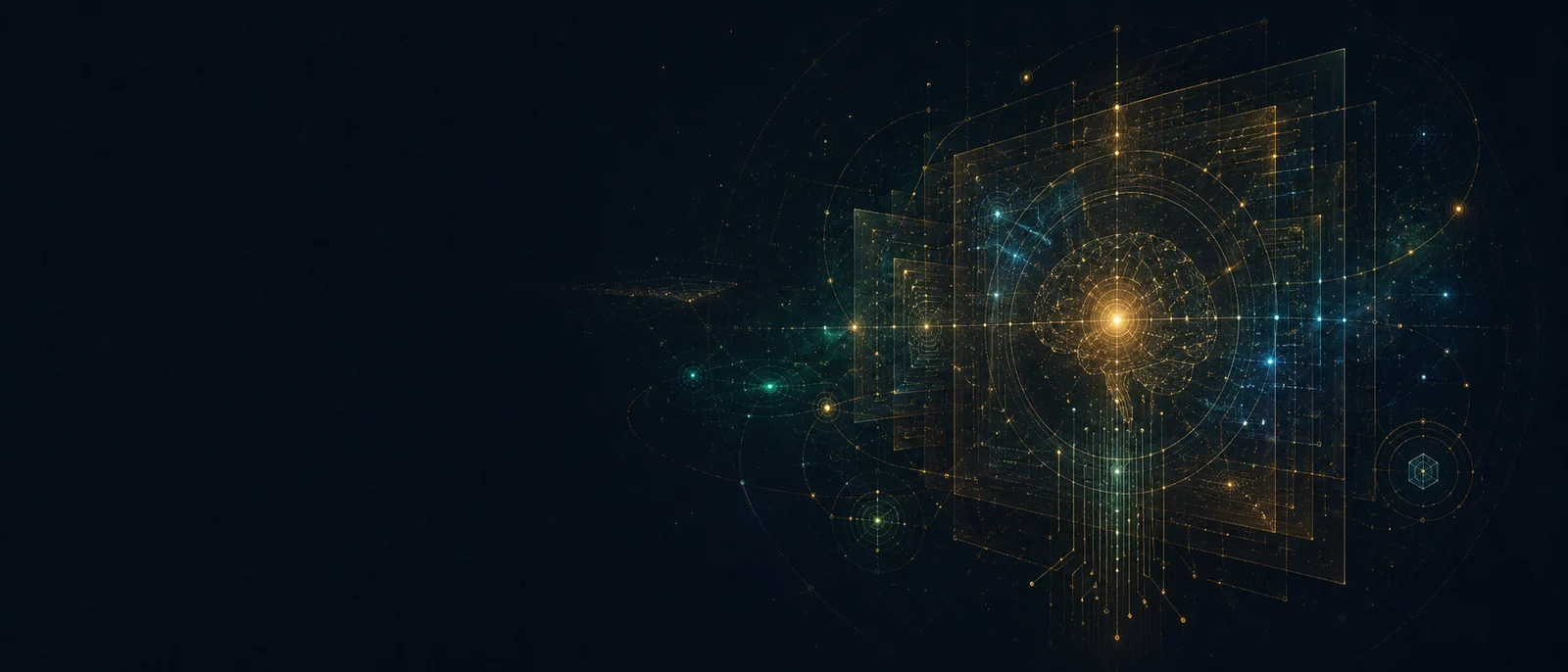 Abstract technical hero artwork for Universal Theory of Artificial Intelligence.